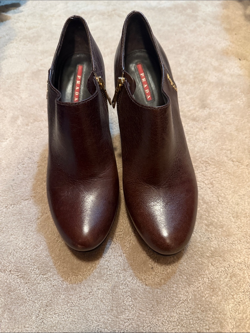 Prada Dark Burgundy Leather Ankle Booties with Gold Zip